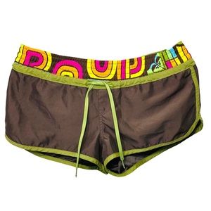 ROXY Brown Retro Colorful Festival Hot Pants Drawstring Shorts Sz 7